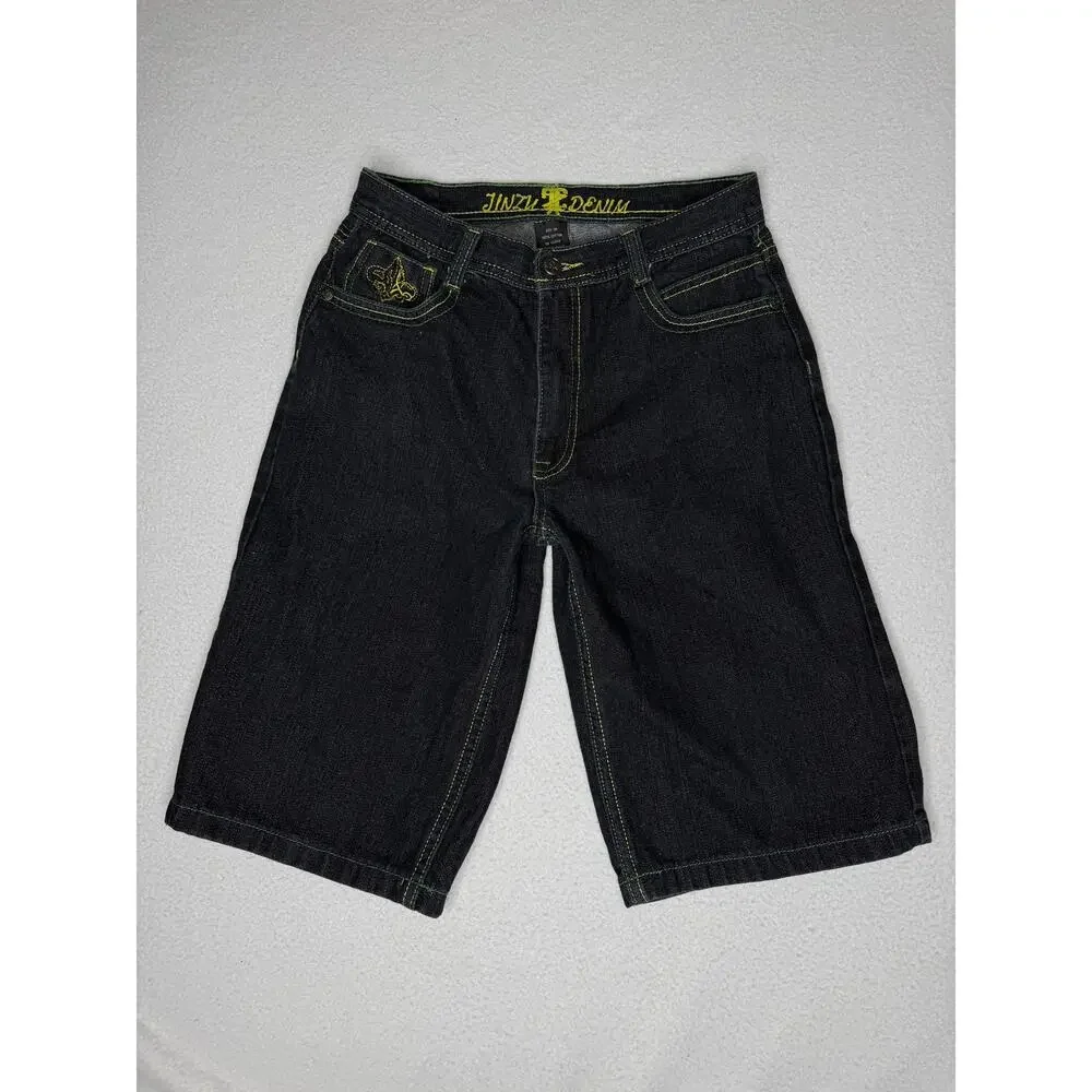Jinzu Denim Size 18 Black Long Denim Shorts Embroidered Baggy Y2K Jorts
